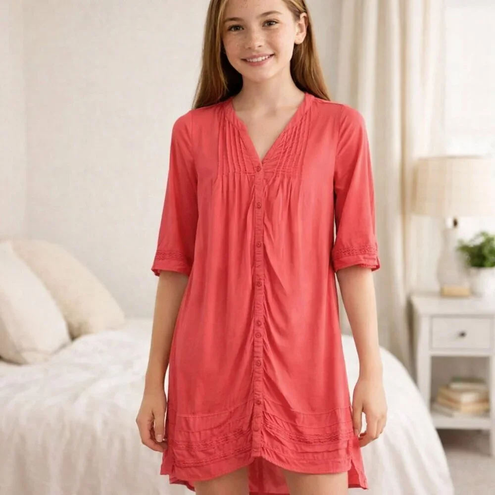 Old Navy Girls Coral Pink Pleated Button Front Dress Size XL 14 Tween